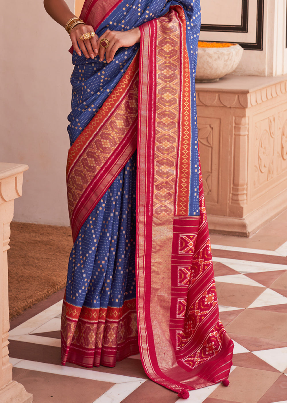 Buy MySilkLove Scampi Blue and Red Patola Silk Saree Online