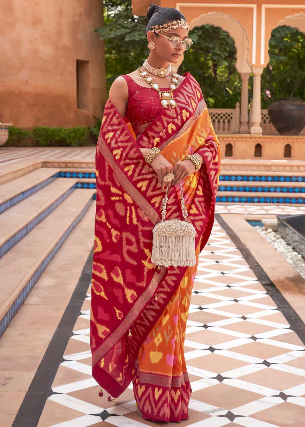 Buy MySilkLove Tan Hide Orange and Red Patola Silk Saree Online