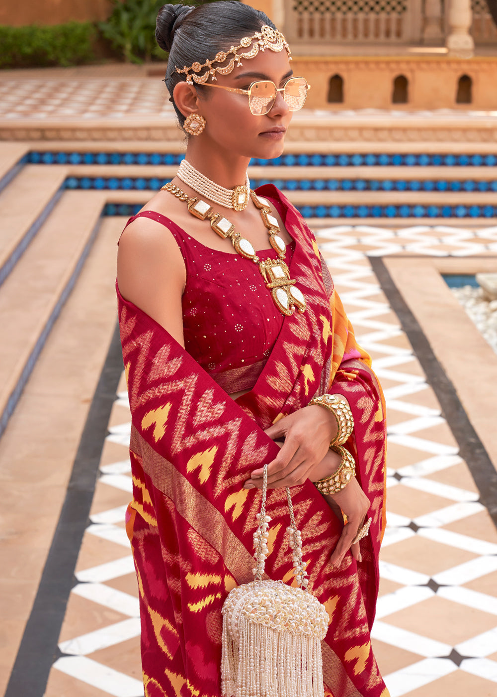 Buy MySilkLove Tan Hide Orange and Red Patola Silk Saree Online