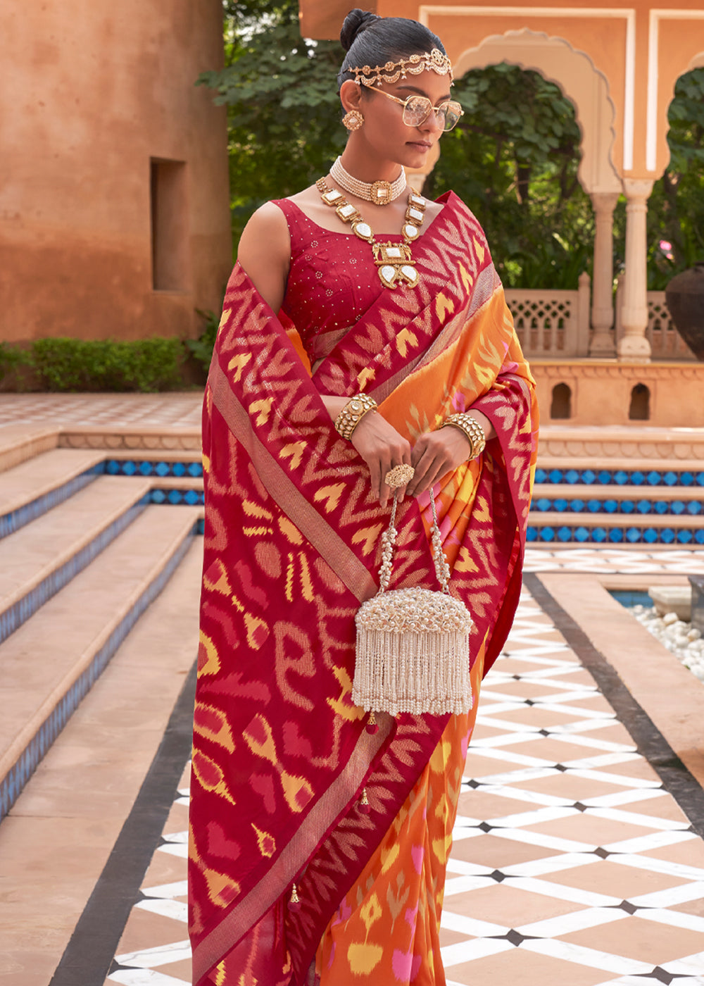 Buy MySilkLove Tan Hide Orange and Red Patola Silk Saree Online