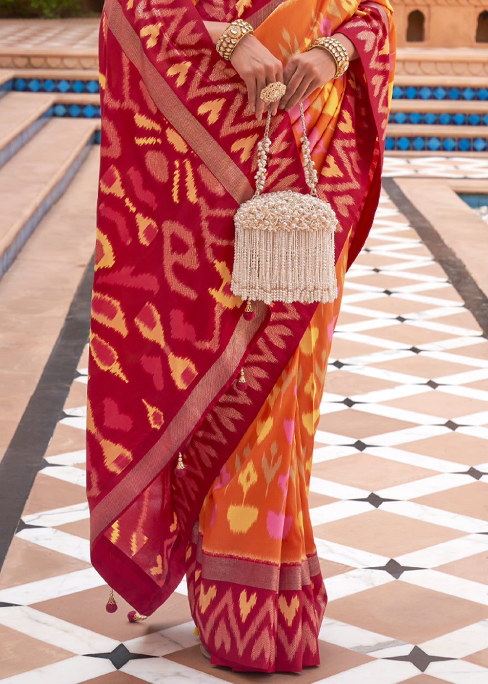 Buy MySilkLove Tan Hide Orange and Red Patola Silk Saree Online