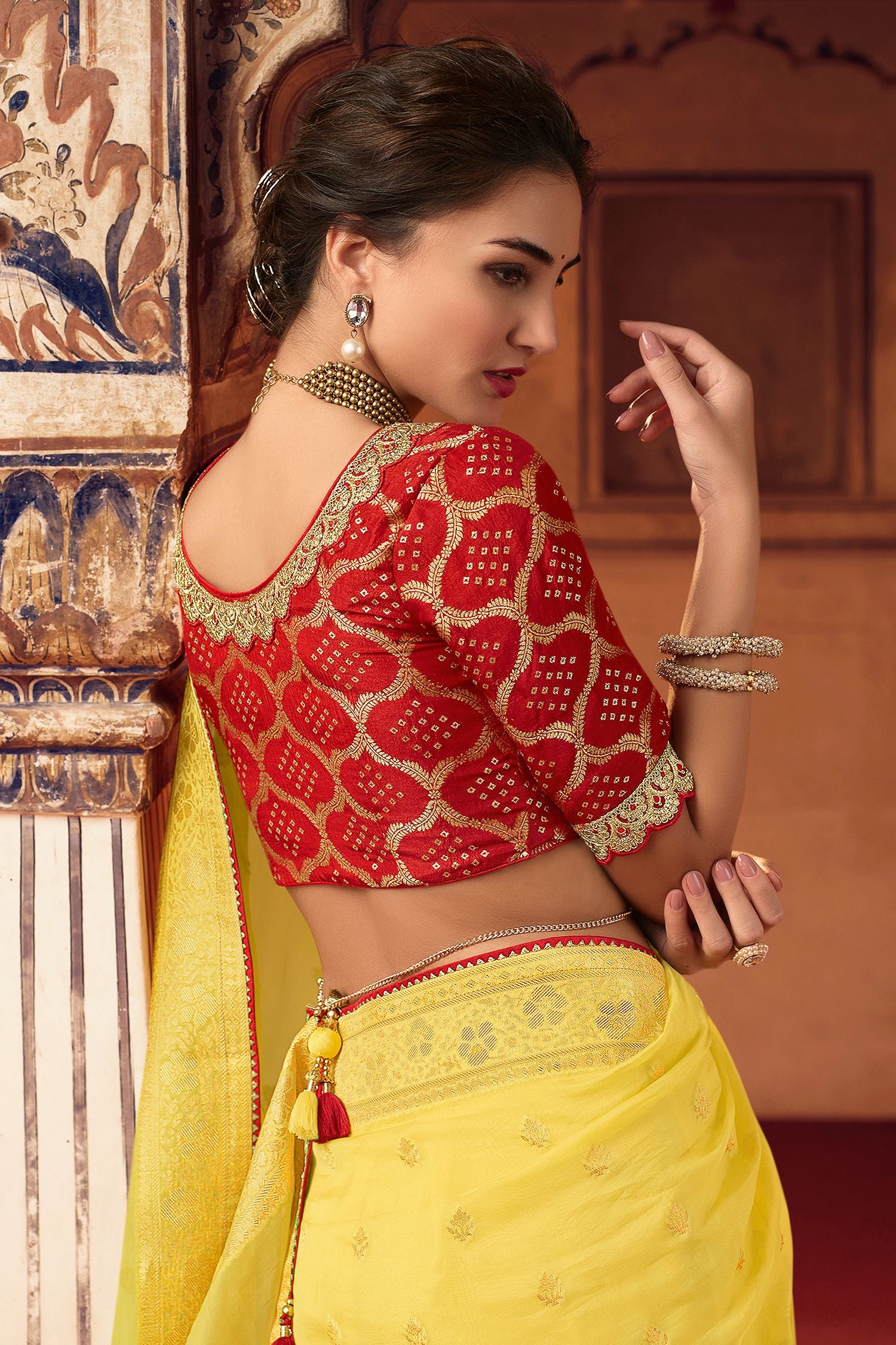 Buy MySilkLove Tulip Yellow and Red Organza Saree with Floral Print Online