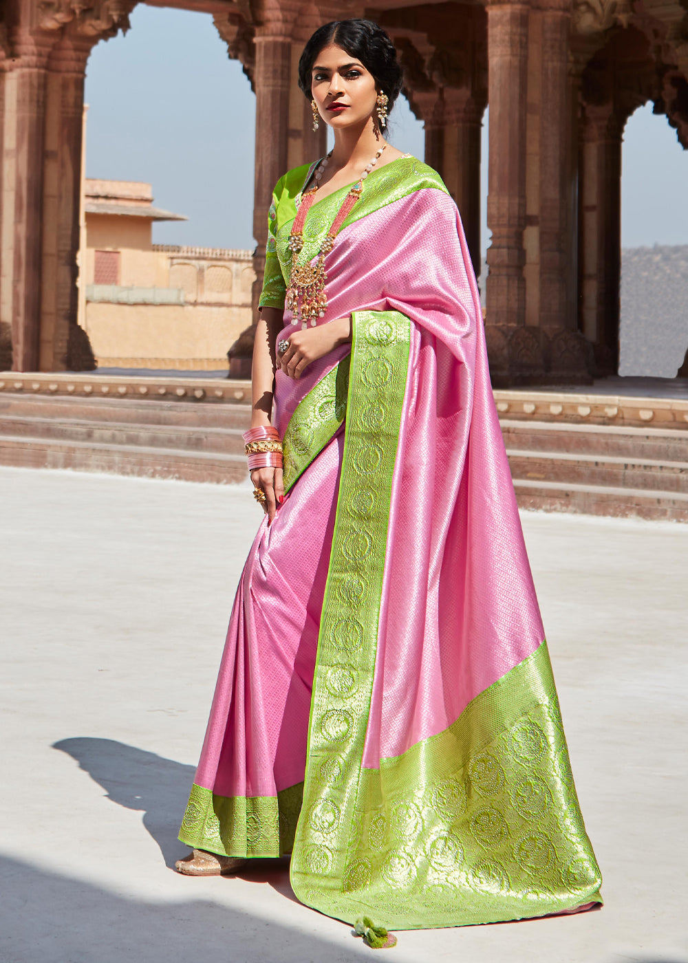 Buy MySilkLove Azalea Pink and Green Woven Banarasi Soft Silk Designer Saree Online