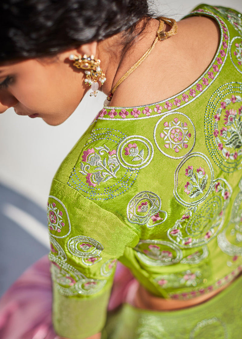 Azalea Pink and Green Woven Banarasi Soft Silk Designer Saree