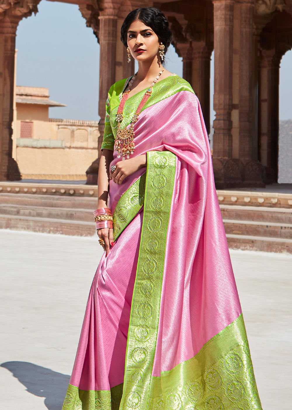 Buy MySilkLove Azalea Pink and Green Woven Banarasi Soft Silk Designer Saree Online