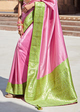 Azalea Pink and Green Woven Banarasi Soft Silk Designer Saree