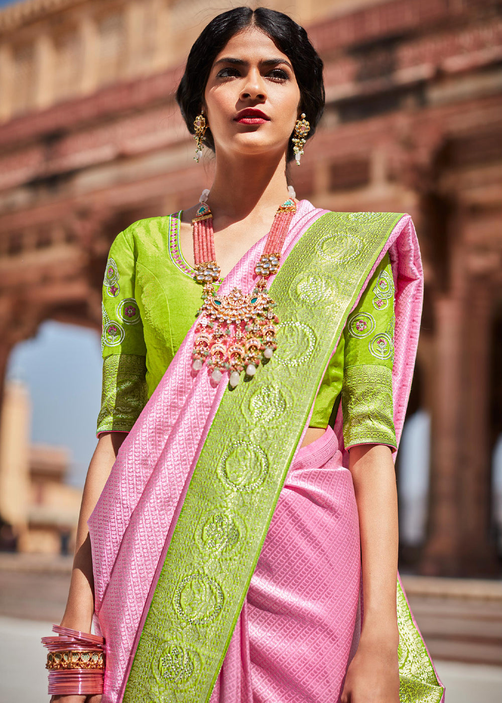 Buy MySilkLove Azalea Pink and Green Woven Banarasi Soft Silk Designer Saree Online