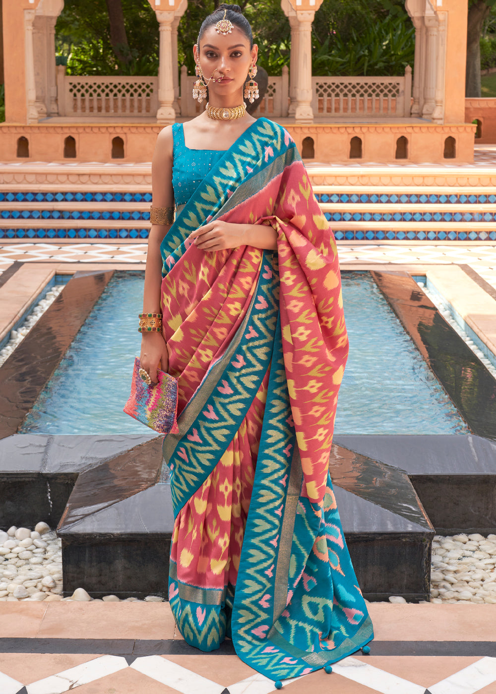 Buy MySilkLove Copperfield Peach and Blue Patola Silk Saree Online