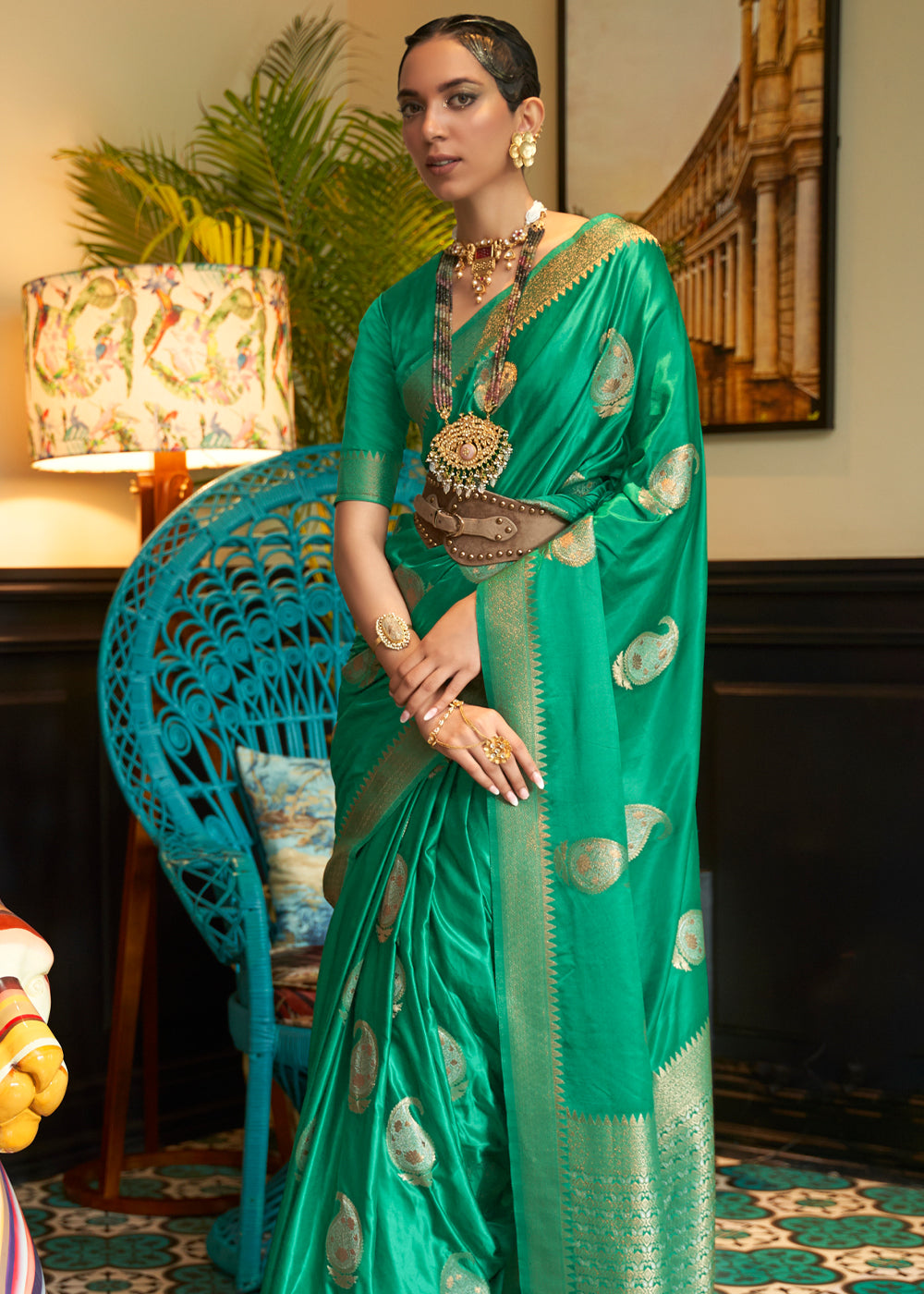 Buy MySilkLove Fun Green Woven Satin Silk Saree Online