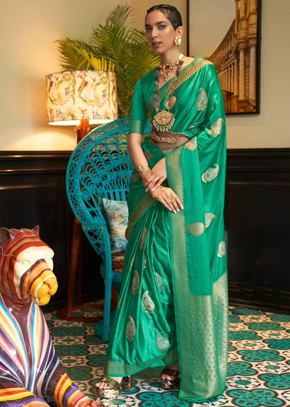 Buy MySilkLove Fun Green Woven Satin Silk Saree Online