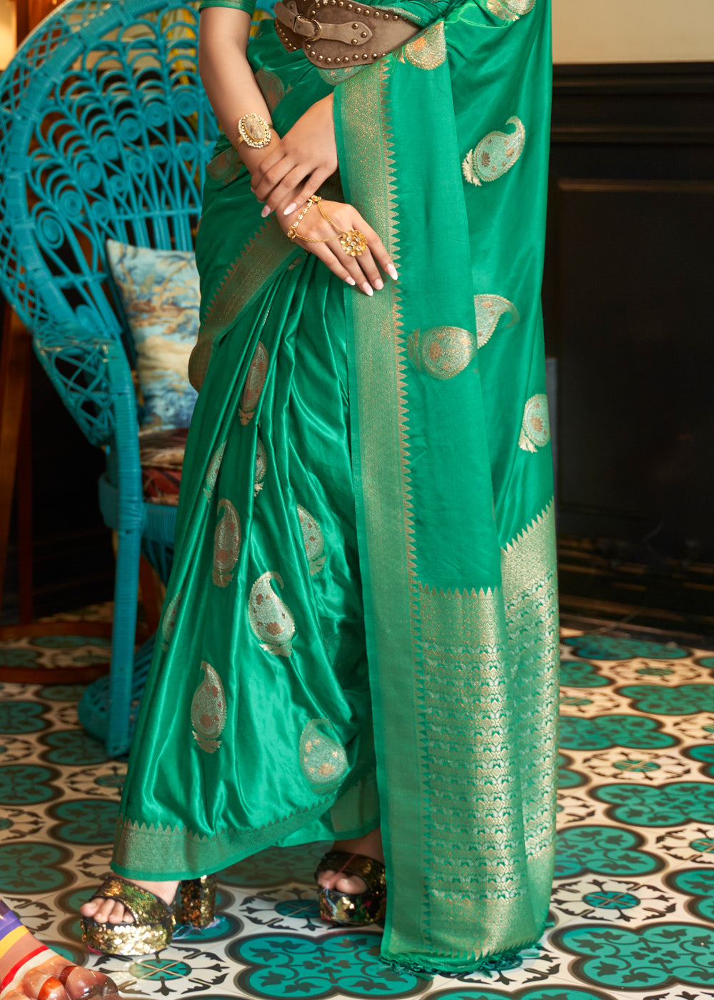 Buy MySilkLove Fun Green Woven Satin Silk Saree Online