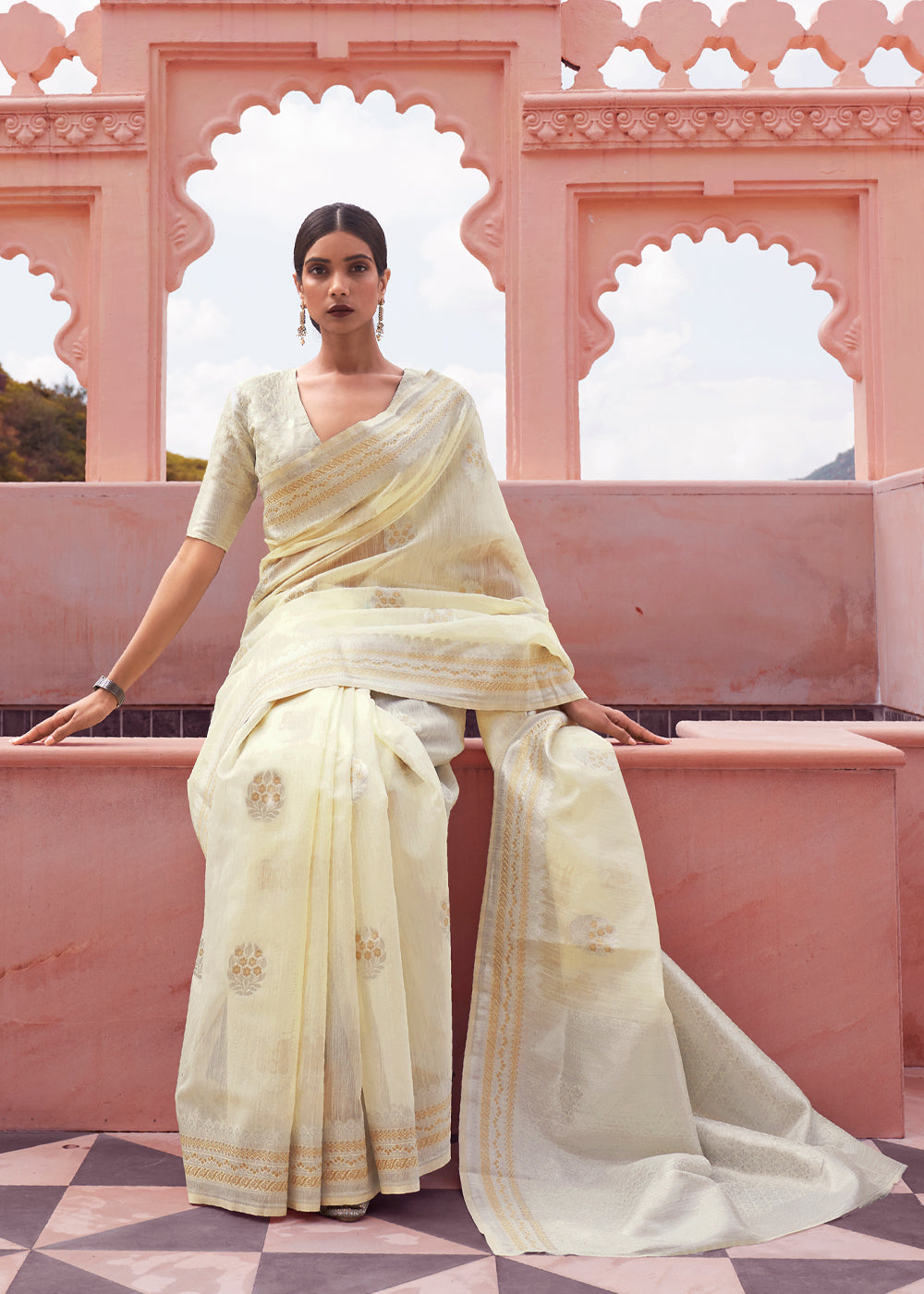 Buy MySilkLove Beige Cream Woven Banarasi Linen Silk Saree Online