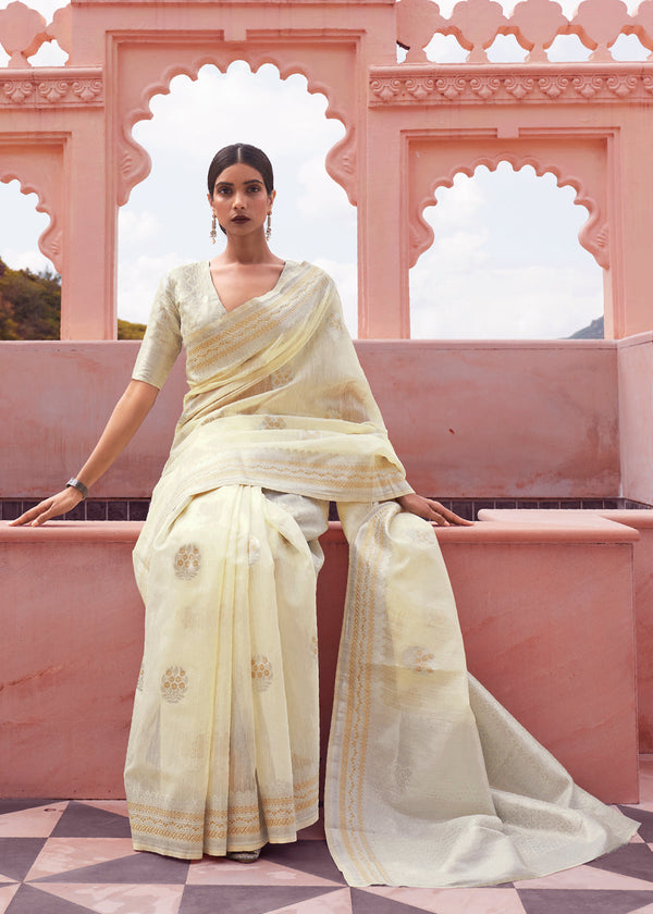 Beige Cream Woven Banarasi Linen Silk Saree