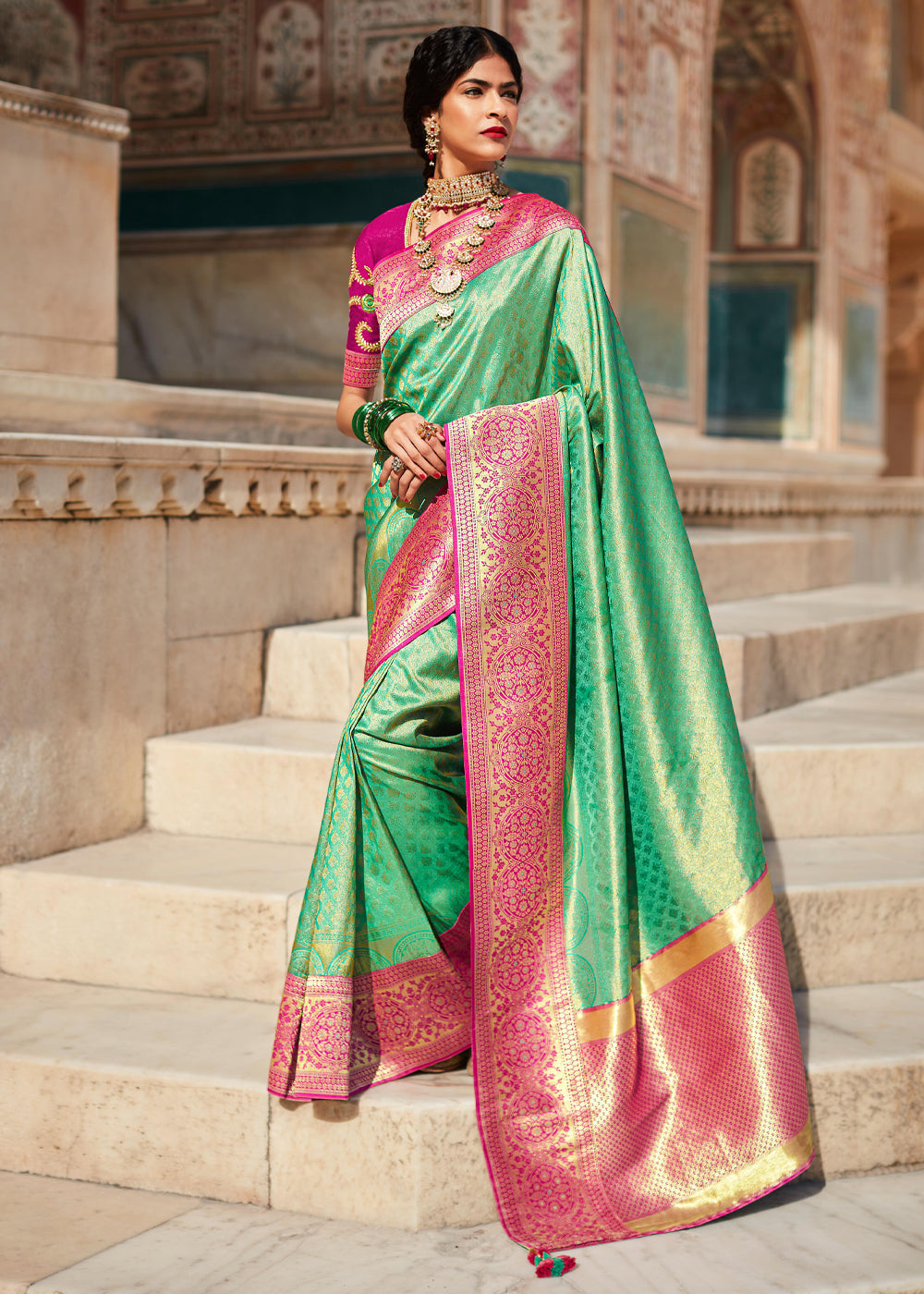 Buy MySilkLove Highland Green and Pink Woven Banarasi Soft Silk Designer Saree Online