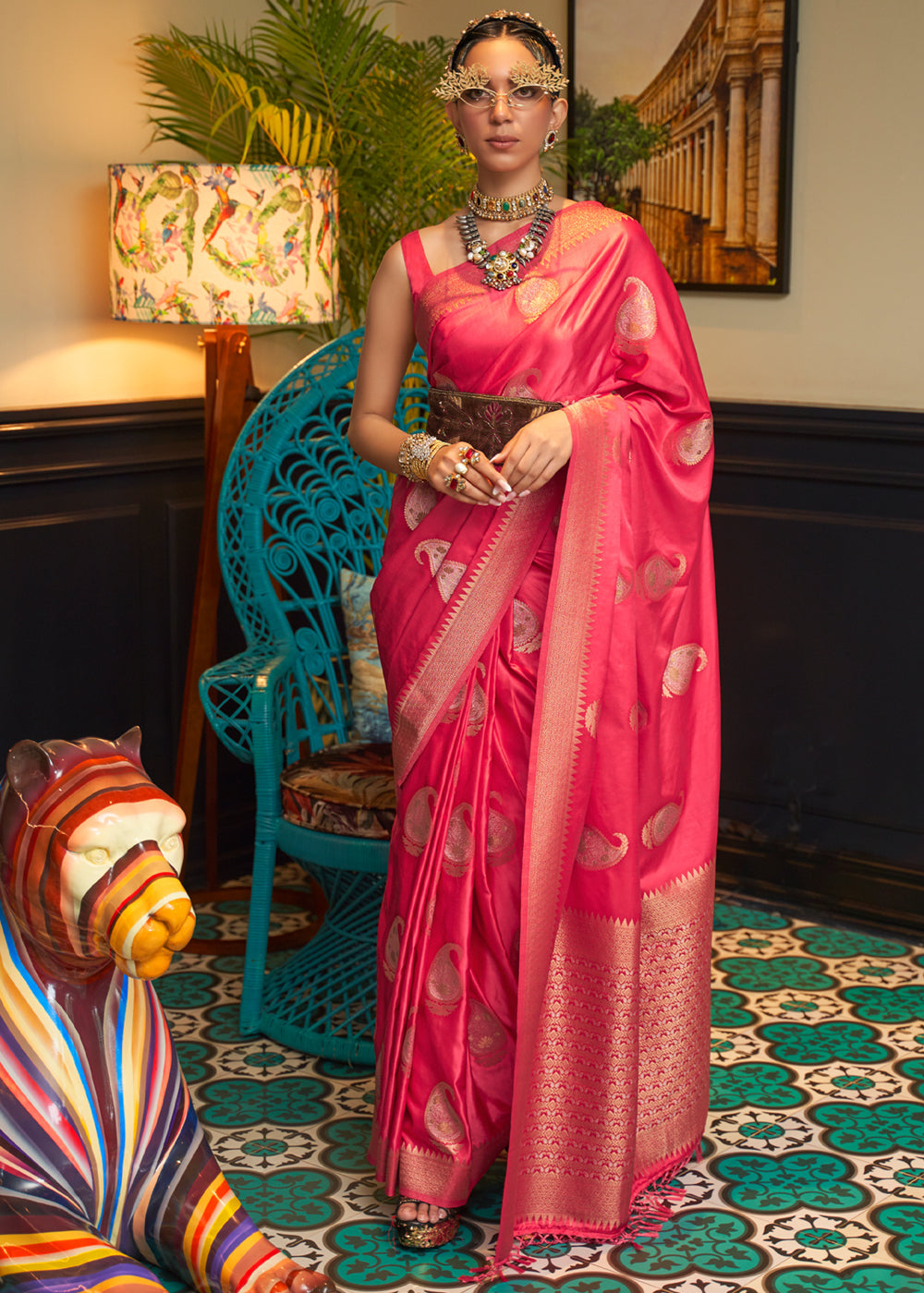 Buy MySilkLove Cherry Pink Woven Satin Silk Saree Online