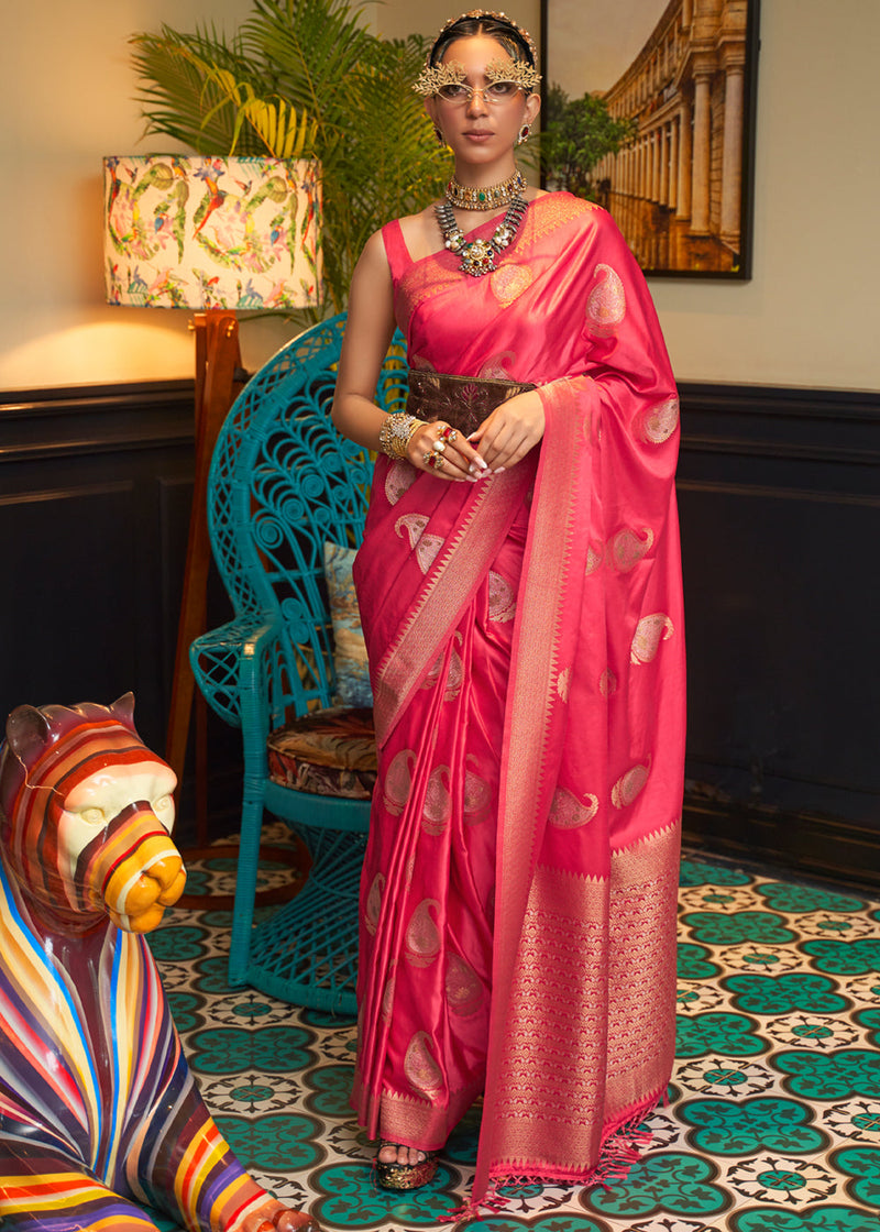 Cherry Pink Woven Satin Silk Saree
