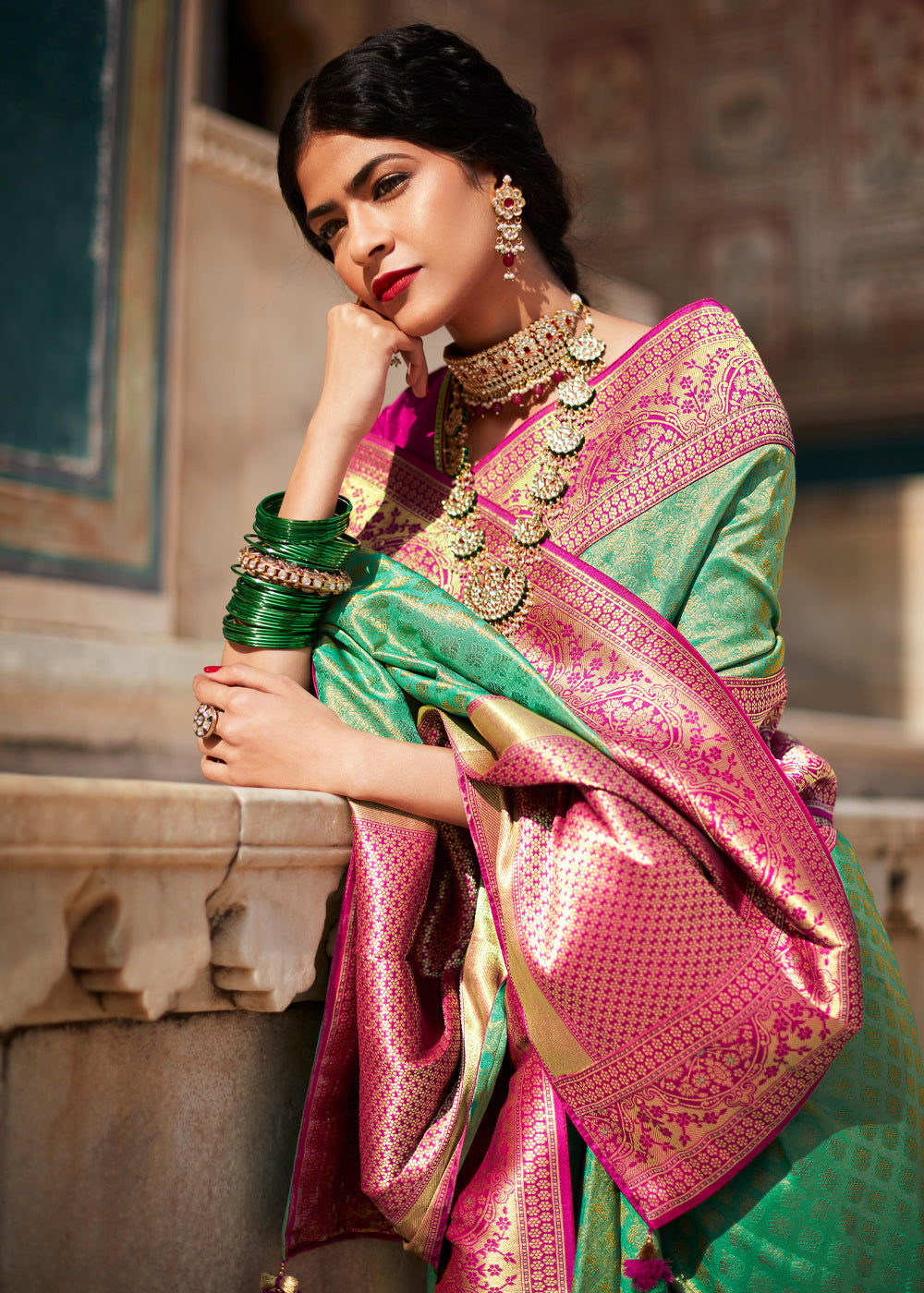 MySilkLove Highland Green and Pink Woven Banarasi Soft Silk Designer Saree