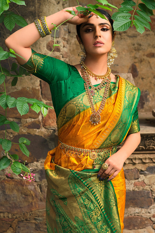 MySilkLove California Yellow and Green Kanjivaram Saree