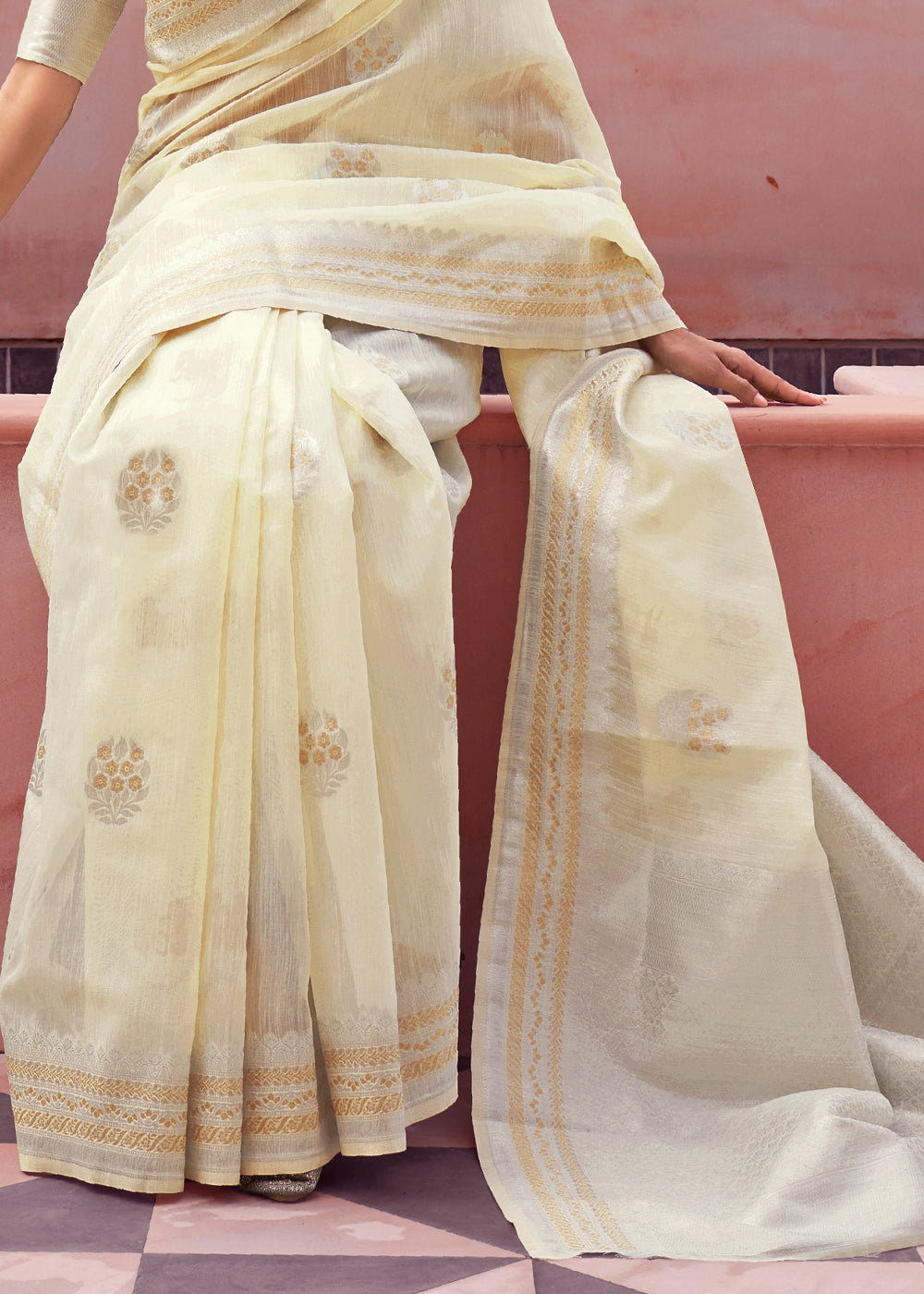 Buy MySilkLove Beige Cream Woven Banarasi Linen Silk Saree Online