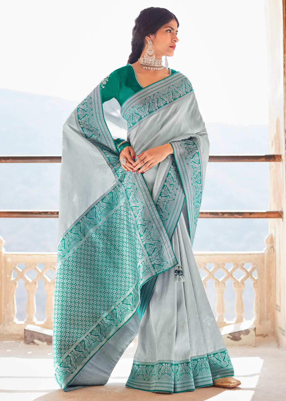Buy MySilkLove Smoke Grey and Green Woven Banarasi Soft Silk Designer Saree Online