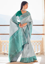 Smoke Grey and Green Woven Banarasi Soft Silk Designer Saree