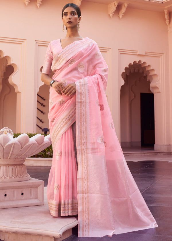 Melon Pink Woven Banarasi Linen Silk Saree