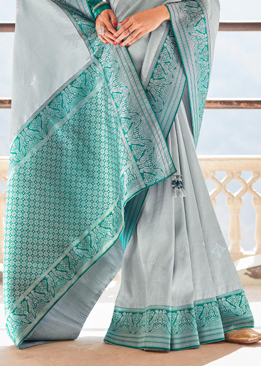 Buy MySilkLove Smoke Grey and Green Woven Banarasi Soft Silk Designer Saree Online