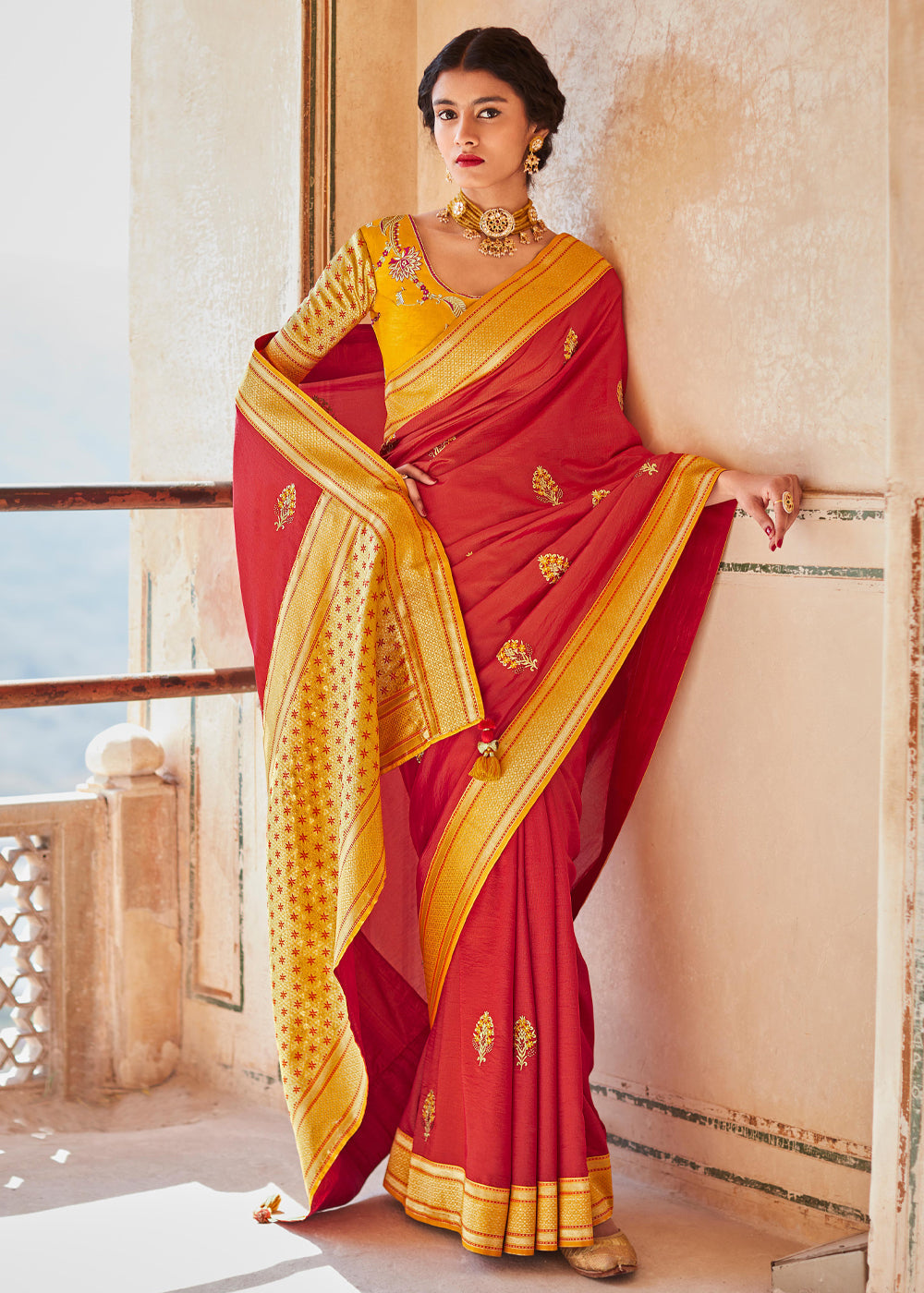 Buy MySilkLove Persian Red and Yellow Woven Banarasi Soft Silk Designer Saree Online