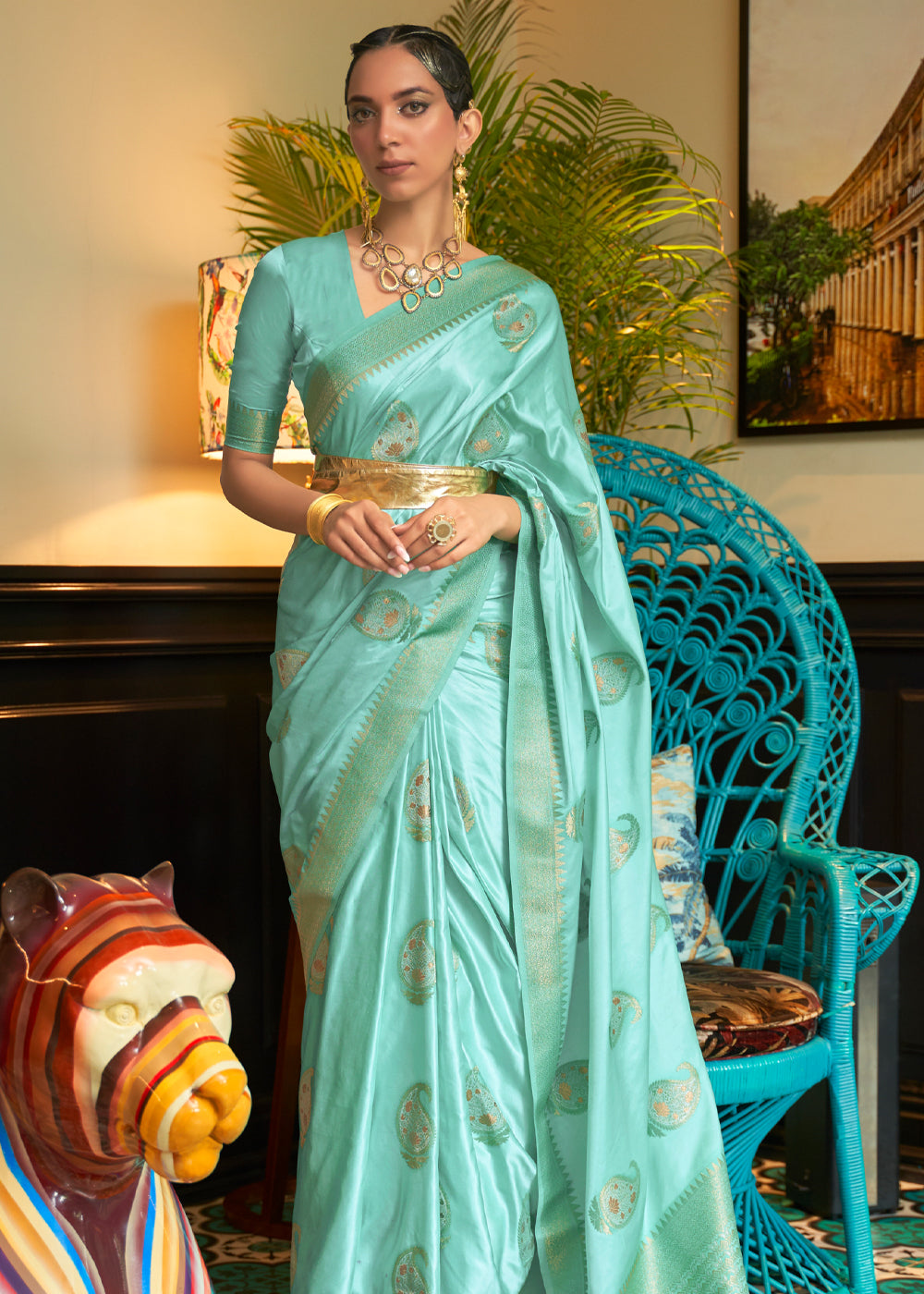 Buy MySilkLove Fringy Flower Blue Woven Satin Silk Saree Online