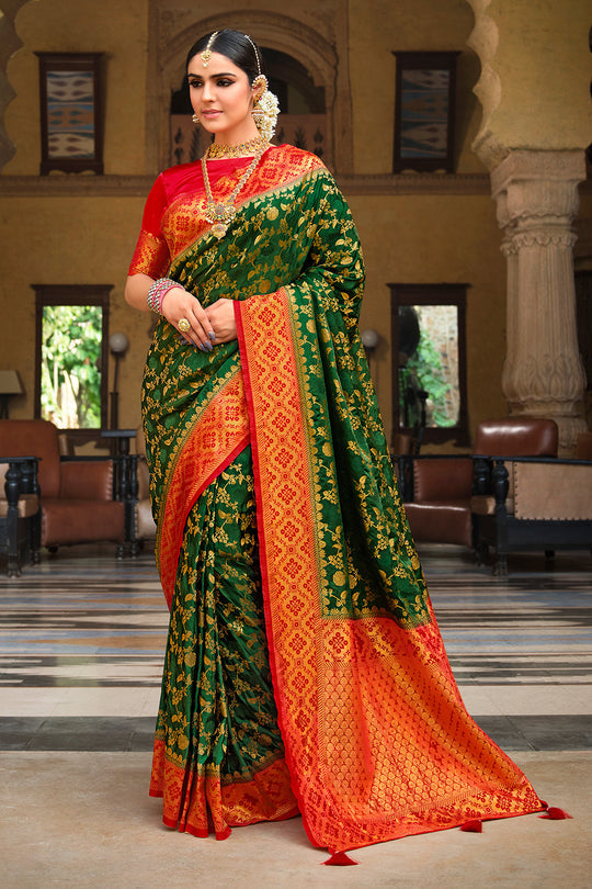 Buy MySilkLove Clover Green and Red Kanjivaram Saree Online