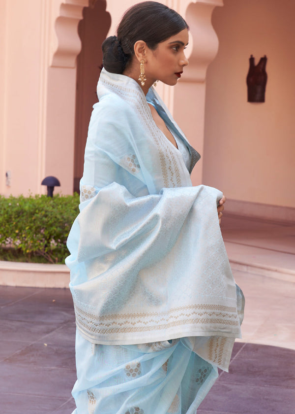 Heather Blue Woven Banarasi Linen Silk Saree