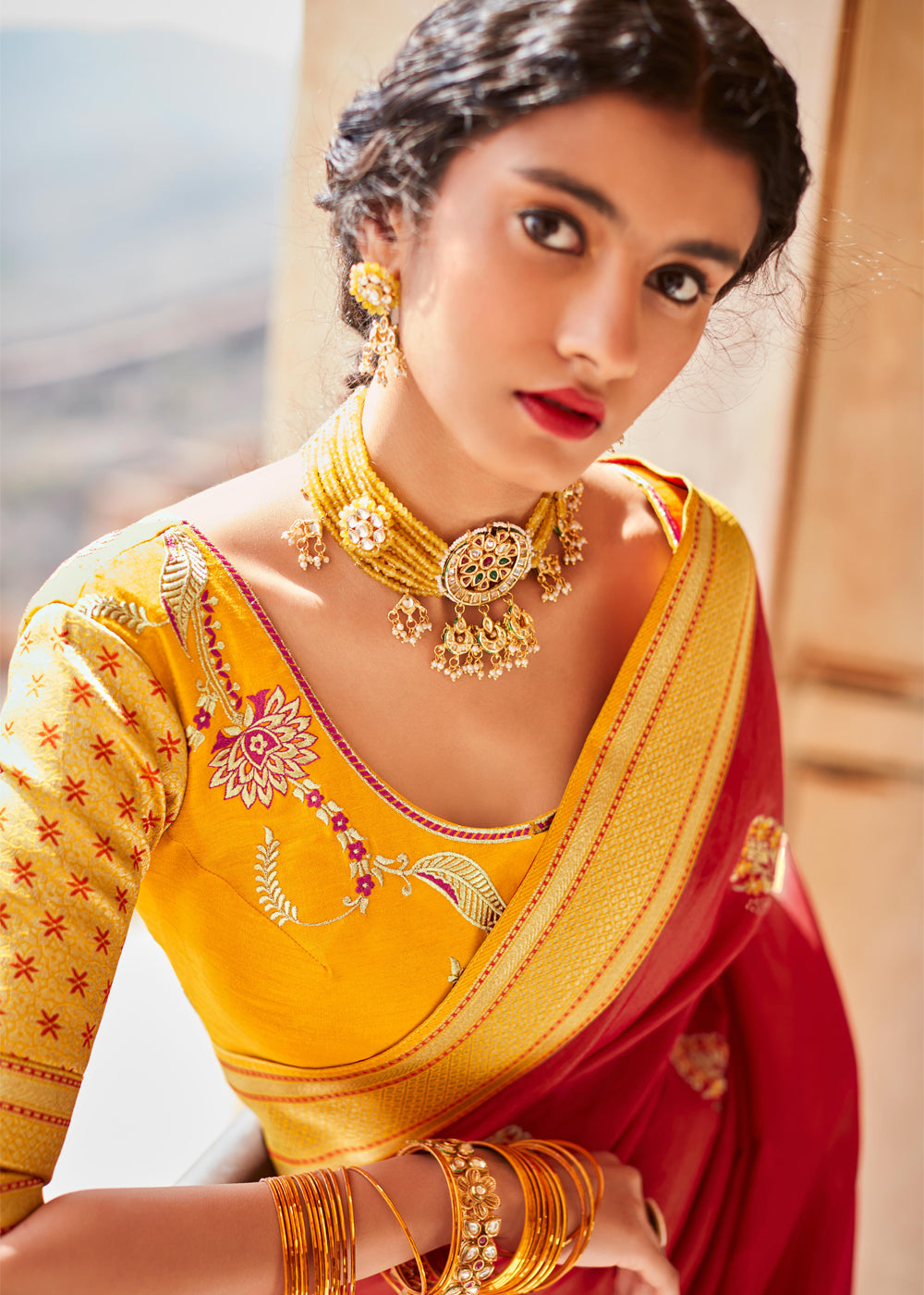 MySilkLove Persian Red and Yellow Woven Banarasi Soft Silk Designer Saree