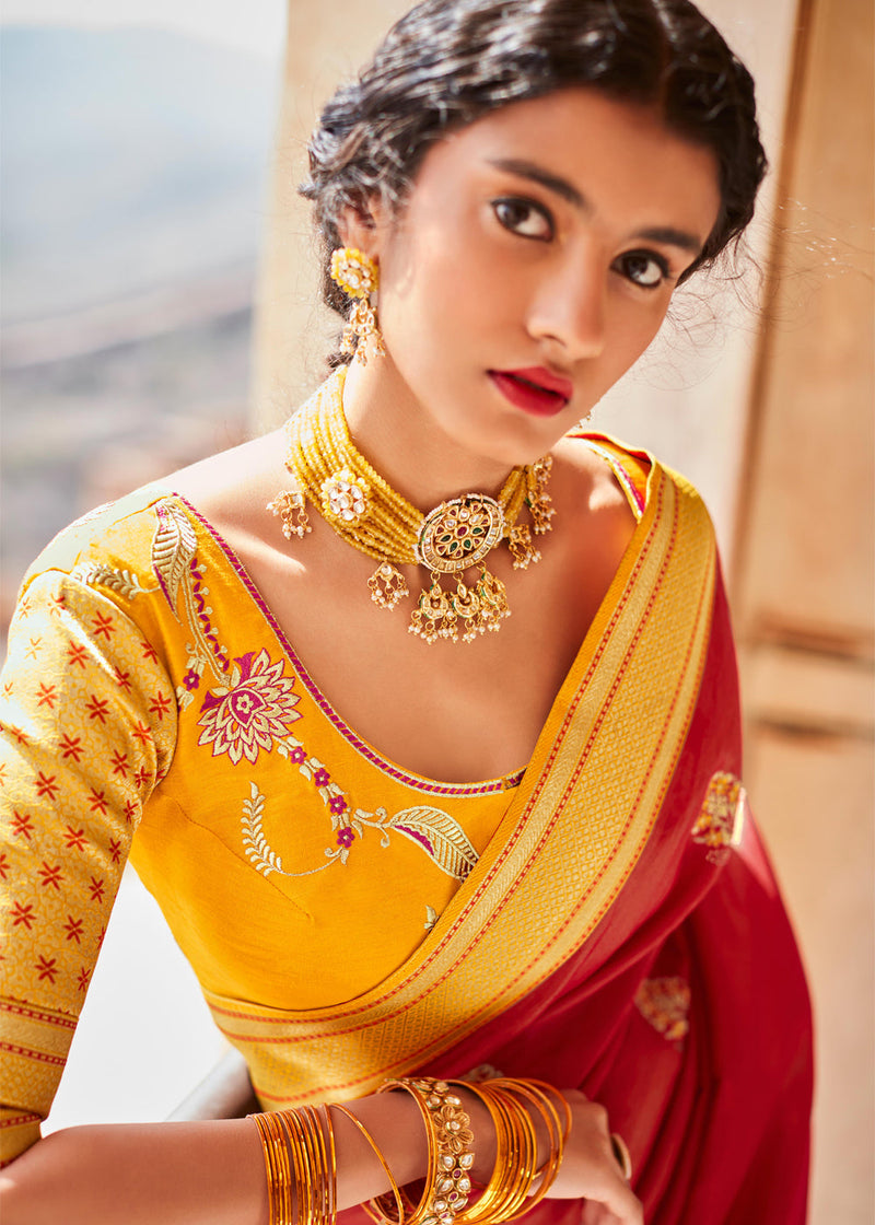 Persian Red and Yellow Woven Banarasi Soft Silk Designer Saree