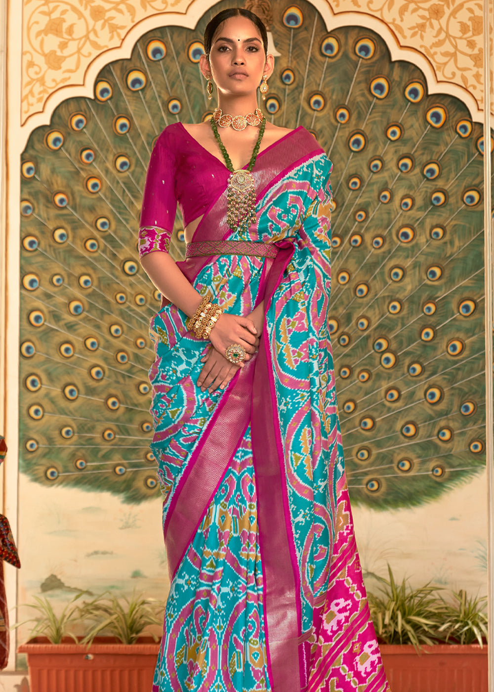 Buy MySilkLove Fountain Blue and Pink Woven Patola Silk Saree Online