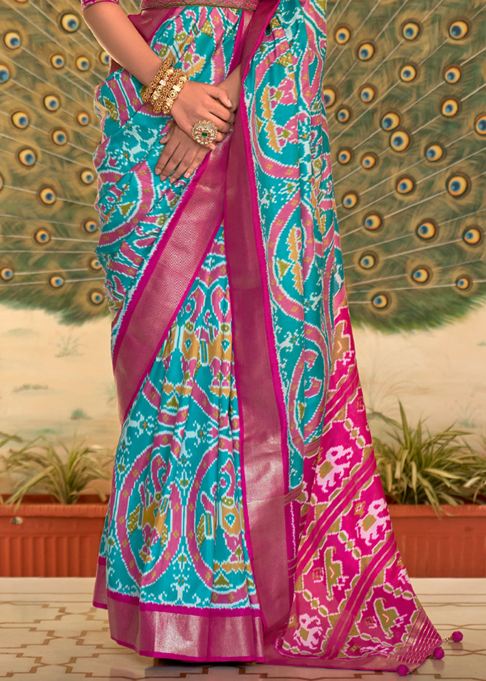 Buy MySilkLove Fountain Blue and Pink Woven Patola Silk Saree Online