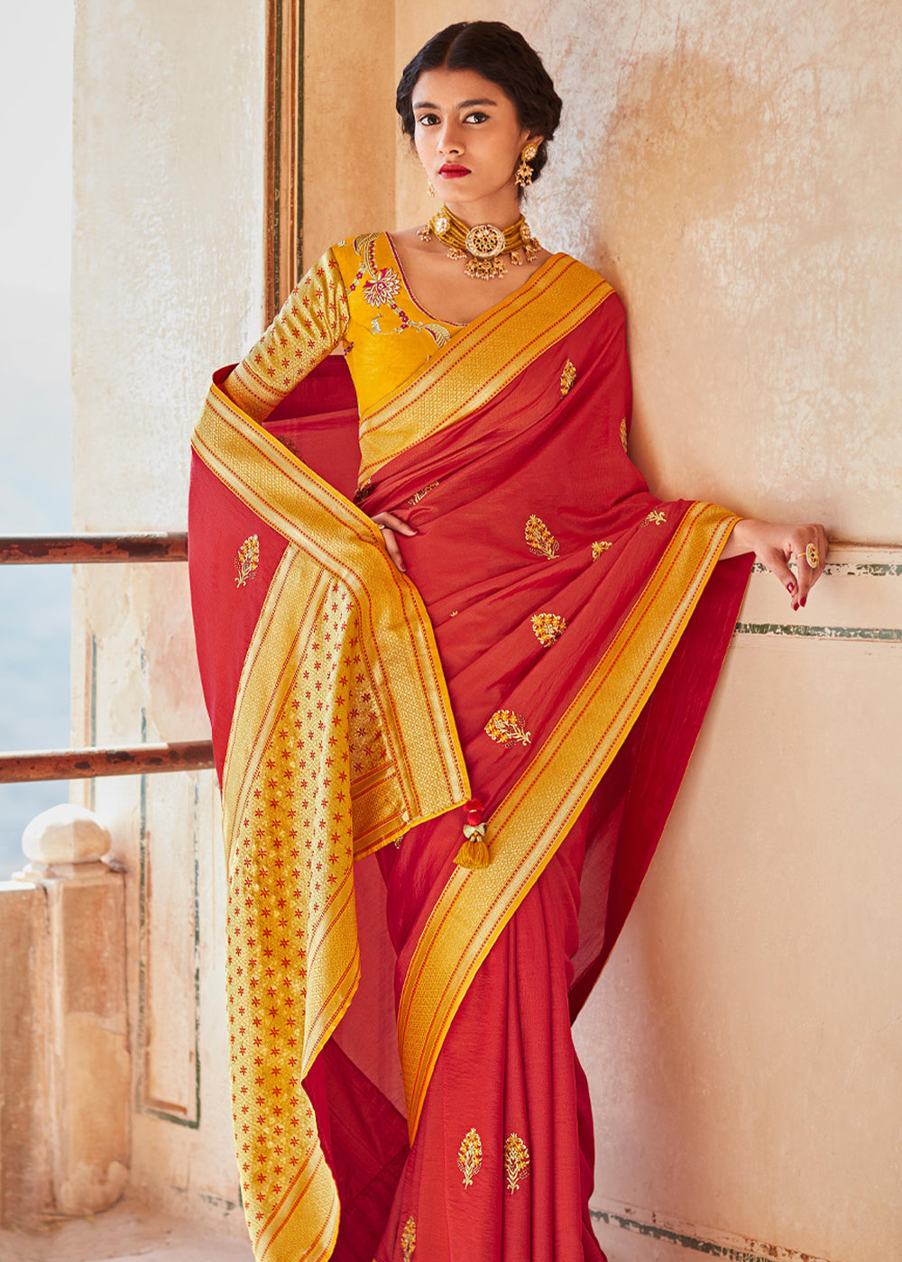 Buy MySilkLove Persian Red and Yellow Woven Banarasi Soft Silk Designer Saree Online