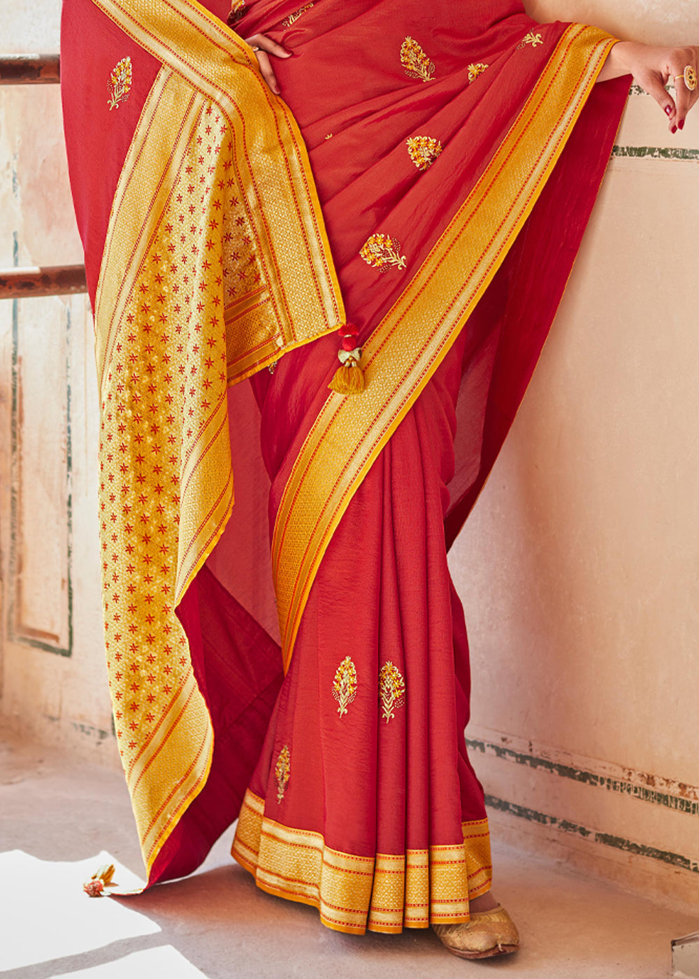 Buy MySilkLove Persian Red and Yellow Woven Banarasi Soft Silk Designer Saree Online