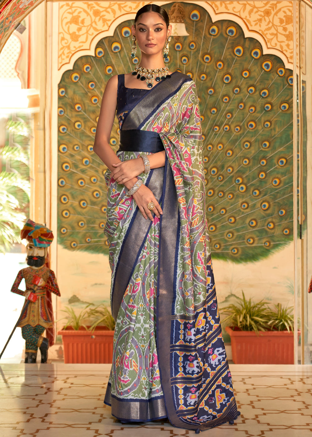 Buy MySilkLove Hurricane Grey and Blue Woven Patola Silk Saree Online