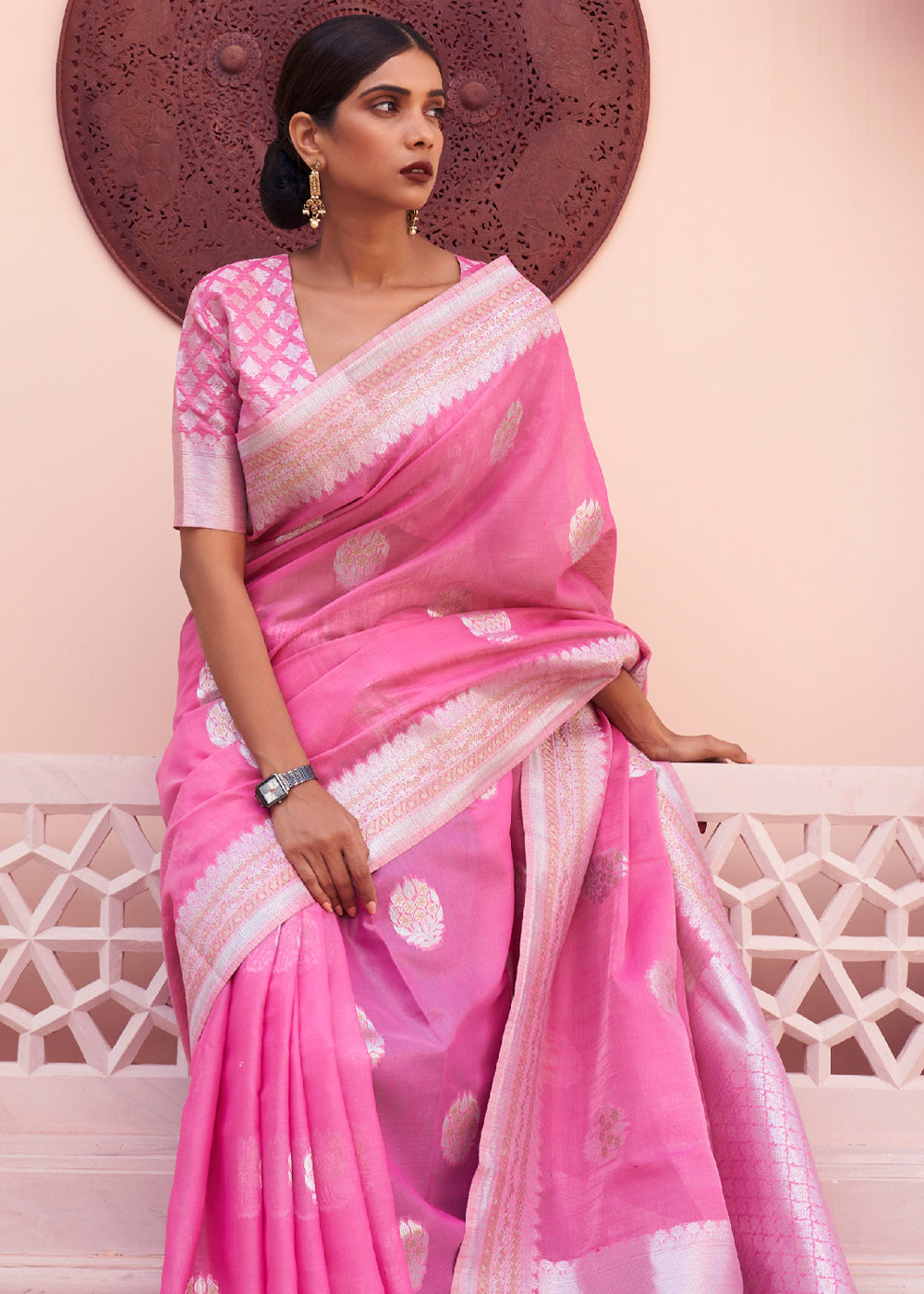 Buy MySilkLove Carnation Pink Woven Banarasi Linen Silk Saree Online