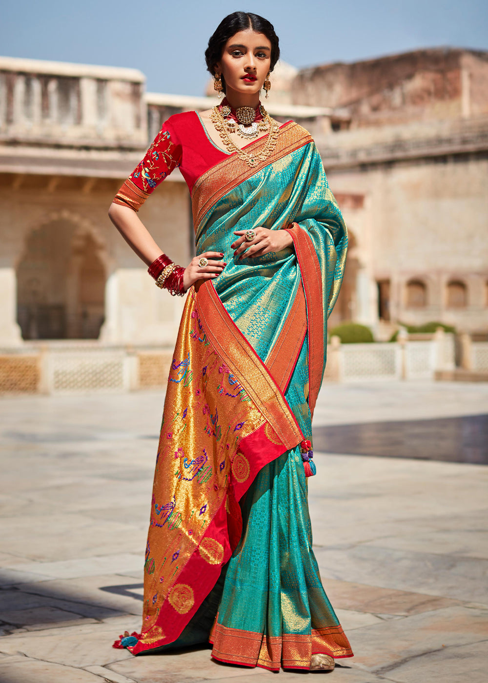 Buy MySilkLove Blue Chill and Red Woven Banarasi Soft Silk Designer Saree Online