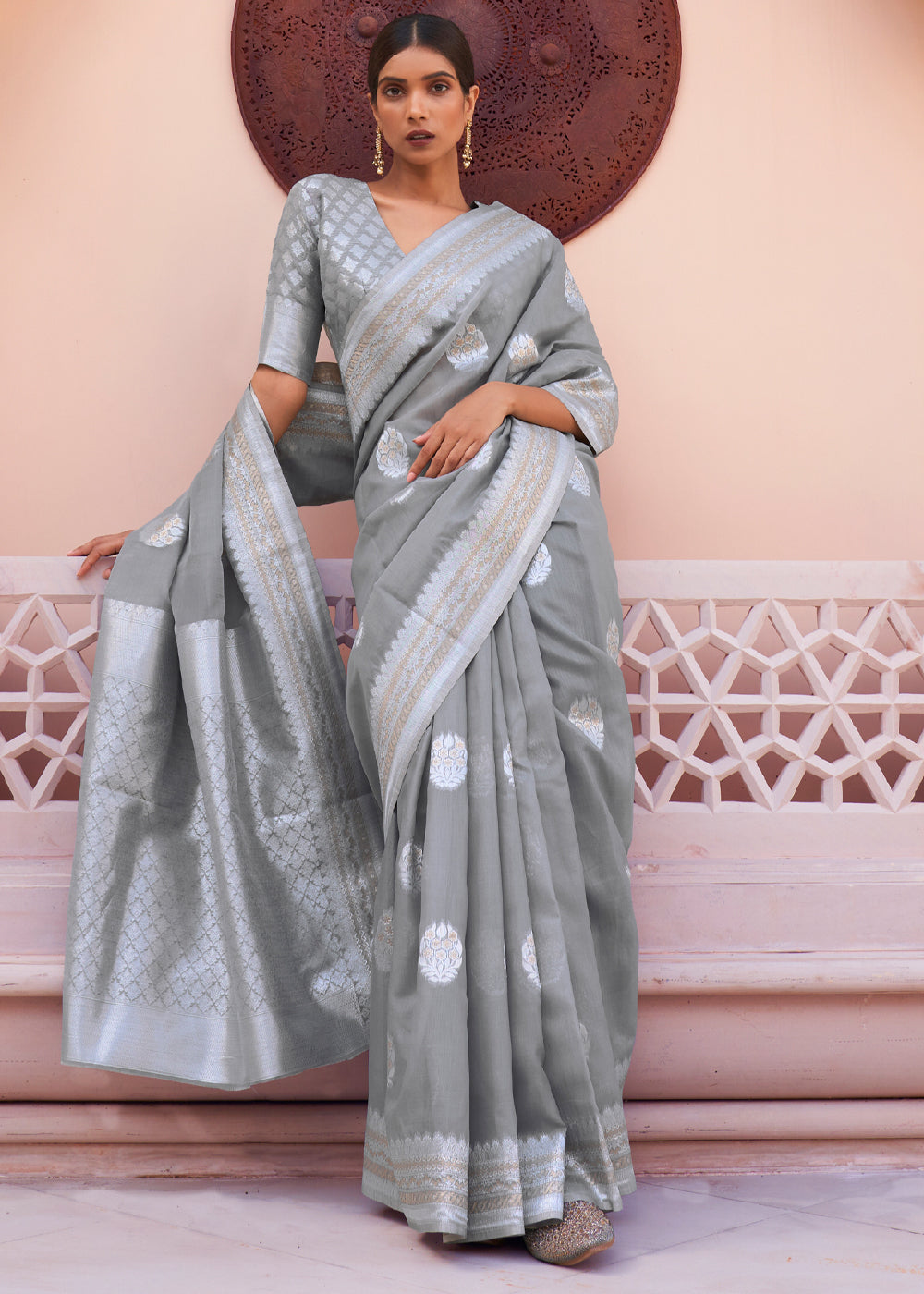 Buy MySilkLove Jumbo Grey Woven Banarasi Linen Silk Saree Online