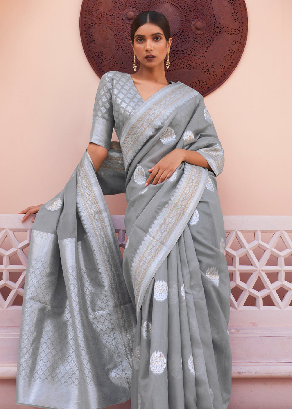 Buy MySilkLove Jumbo Grey Woven Banarasi Linen Silk Saree Online