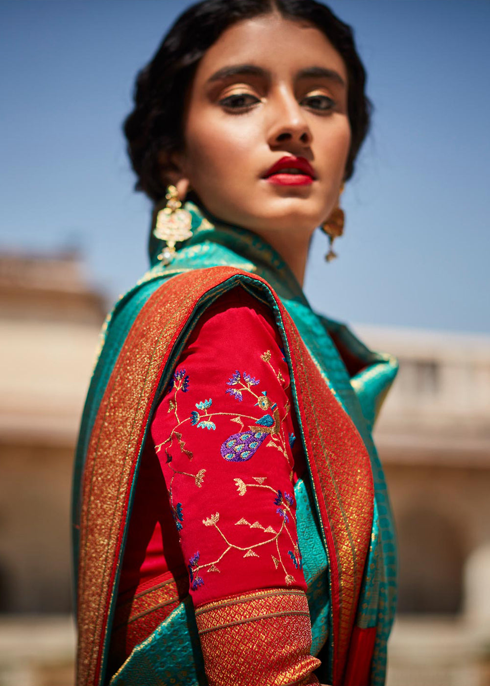 MySilkLove Blue Chill and Red Woven Banarasi Soft Silk Designer Saree