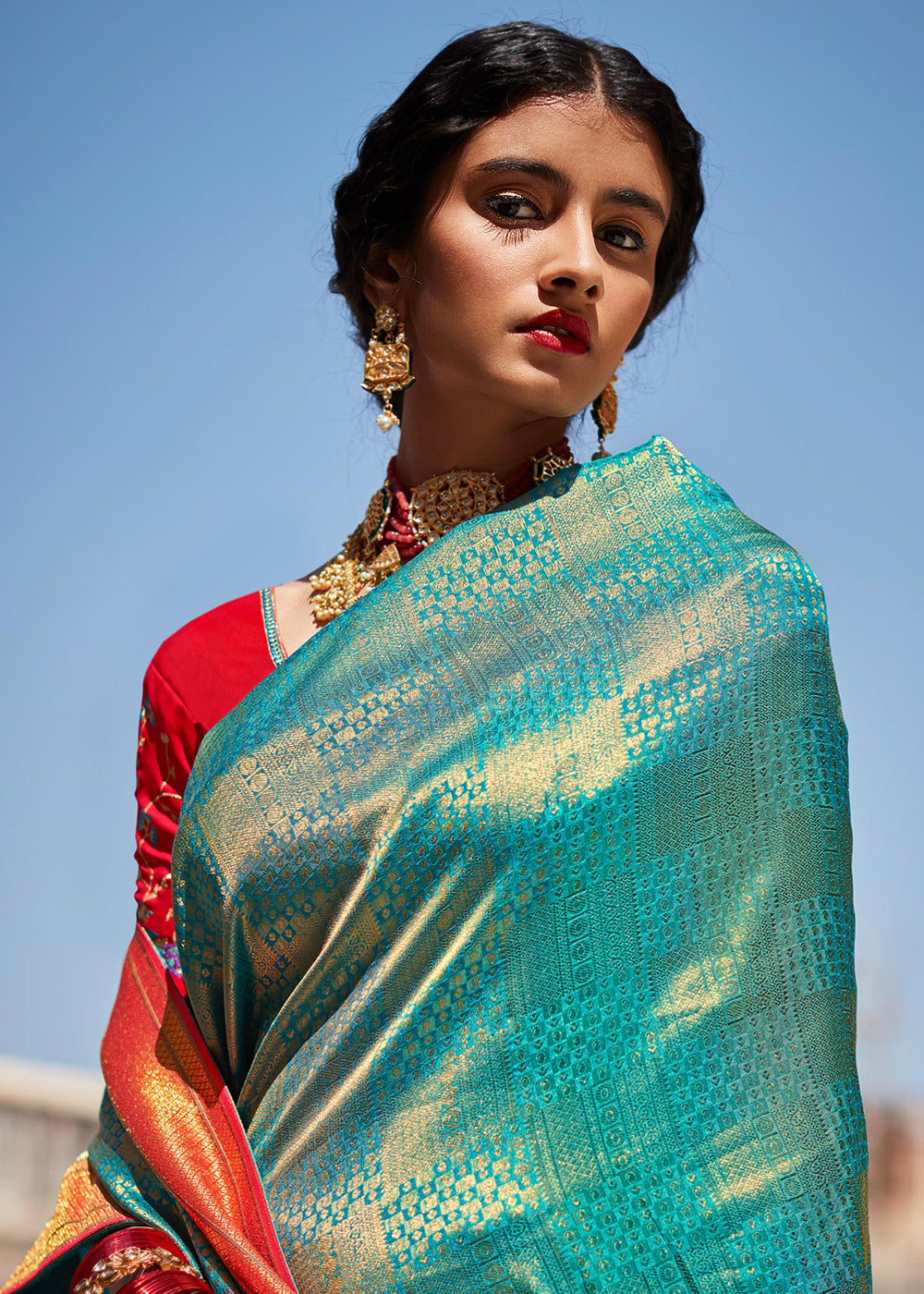 Buy MySilkLove Blue Chill and Red Woven Banarasi Soft Silk Designer Saree Online