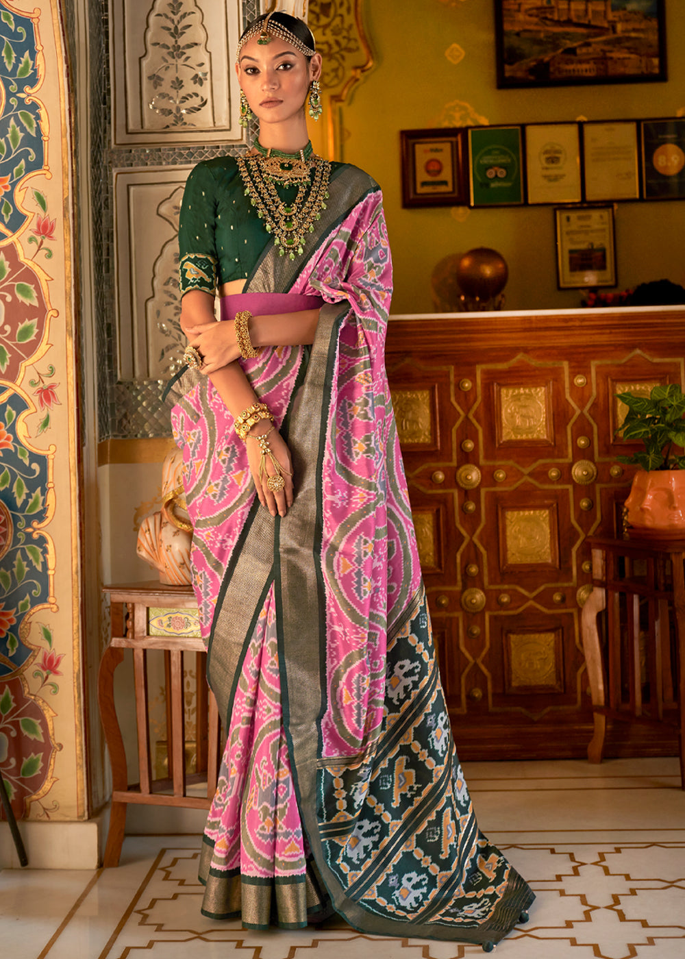 Buy MySilkLove Wewak Pink and Green Woven Patola Silk Saree Online