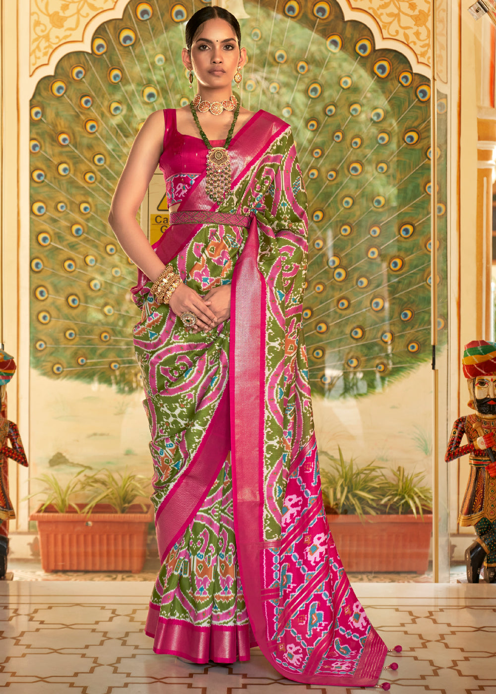 Buy MySilkLove Sycamore Green and Pink Woven Patola Silk Saree Online