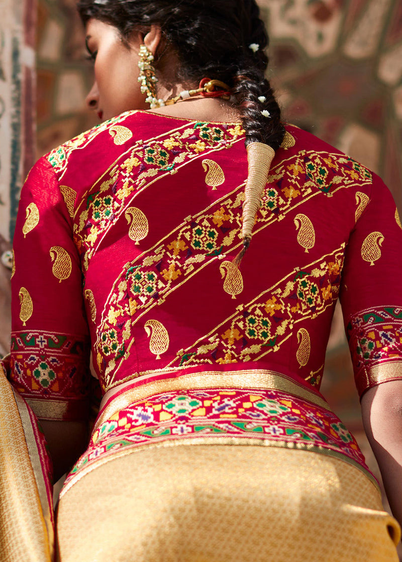 Portafino Yellow and Red Woven Banarasi Soft Silk Designer Saree