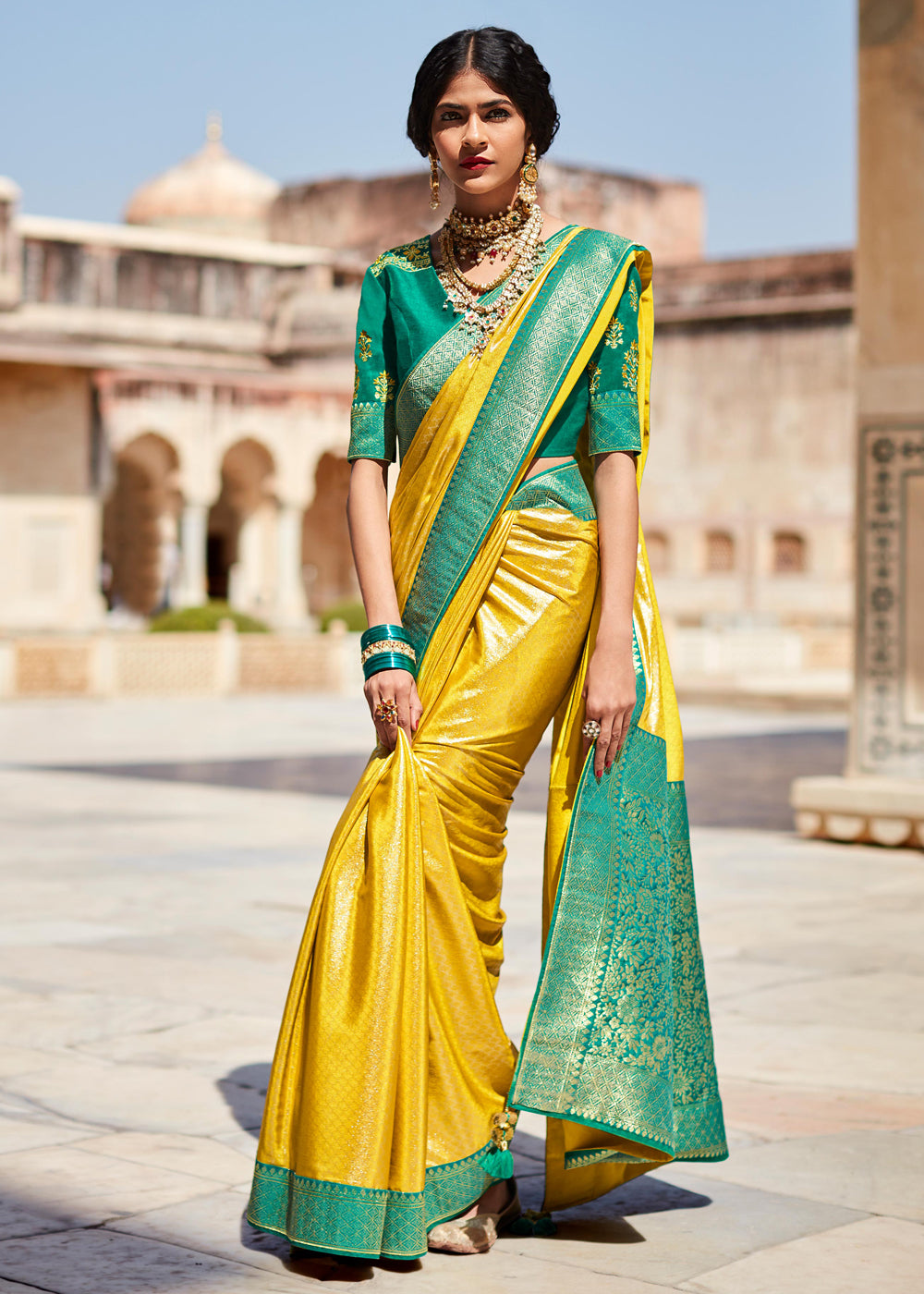 Buy MySilkLove Marigold Yellow and Green Woven Banarasi Soft Silk Designer Saree Online