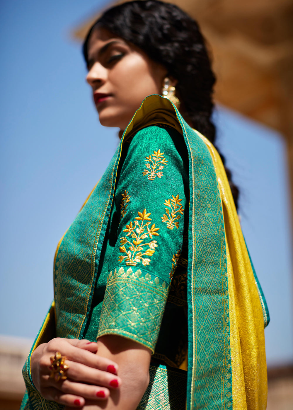 Buy MySilkLove Marigold Yellow and Green Woven Banarasi Soft Silk Designer Saree Online