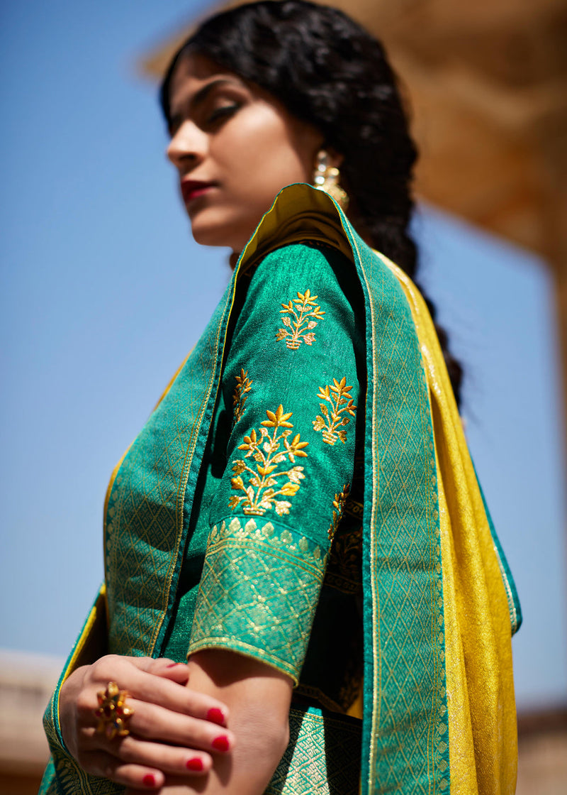 Marigold Yellow and Green Woven Banarasi Soft Silk Designer Saree